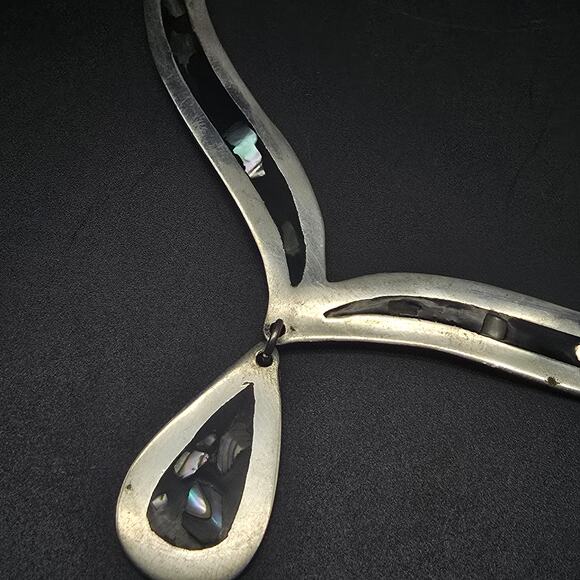 Alapaca Mexico Abalone Shell Inlay Necklace Collar Tear Drop Pendant - Picture 4 of 10